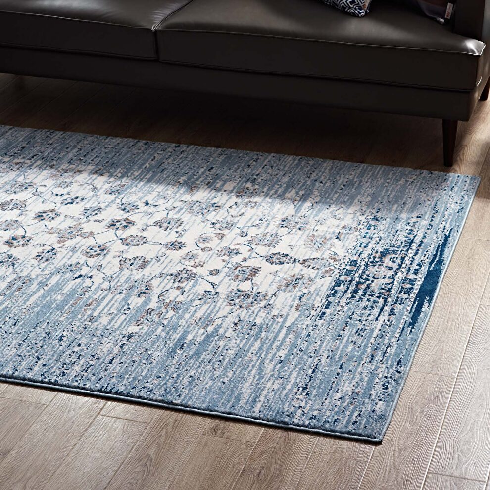 Distressed floral lattice contemporary area rug in moroccan blue and ivory by Modway