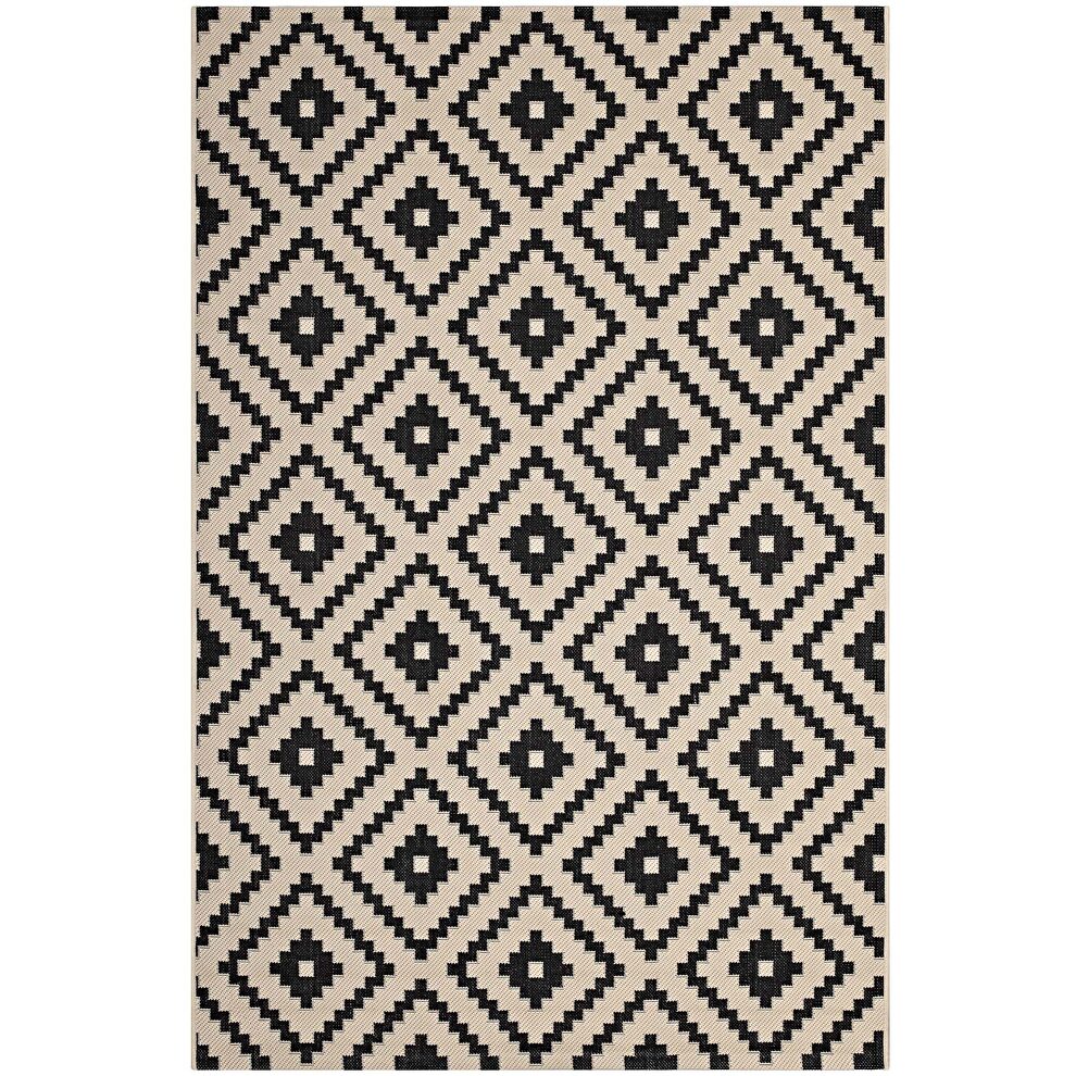 Geometric diamond trellis indoor and outdoor area rug in black/ beige by Modway
