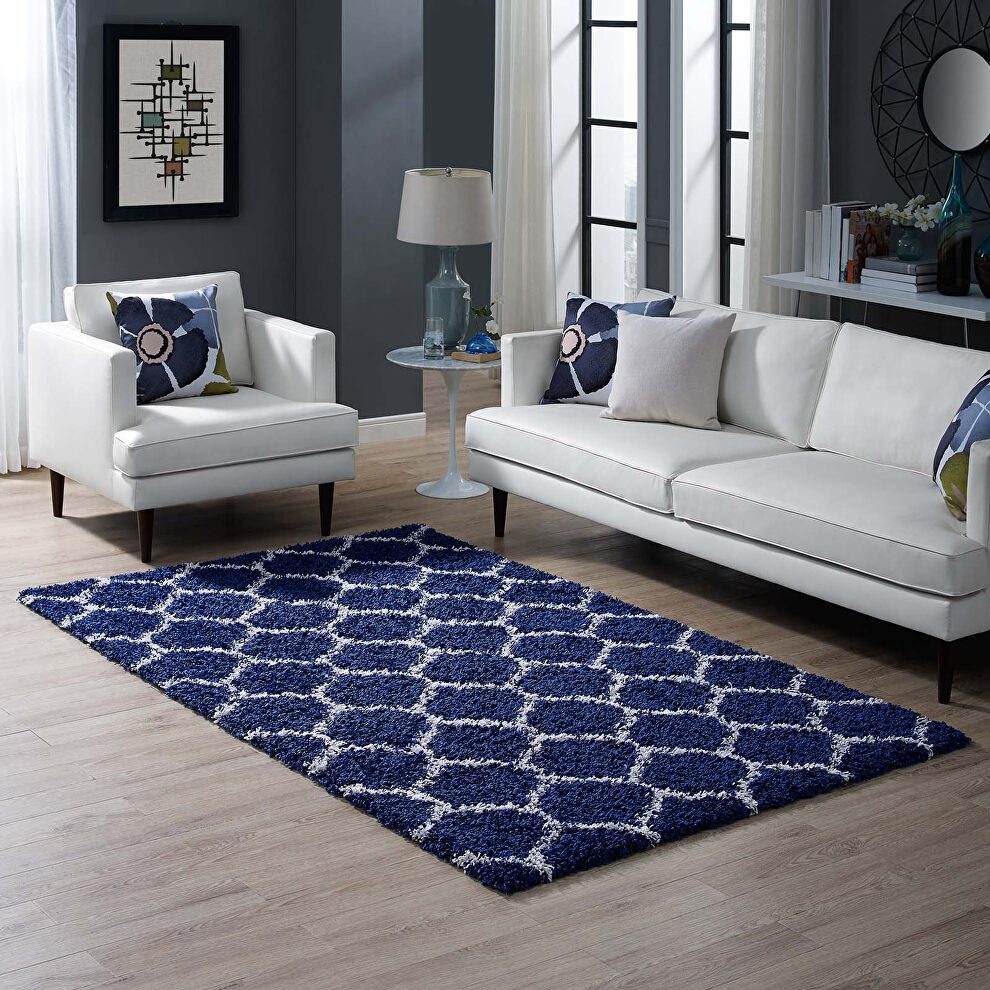 Moroccan trellis shag area rug in navy and ivory by Modway