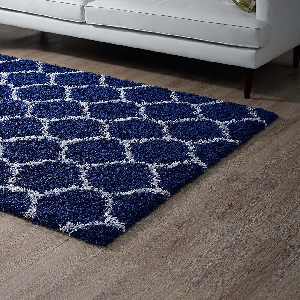 Navy and ivory moroccan trellis shag area rug by Modway