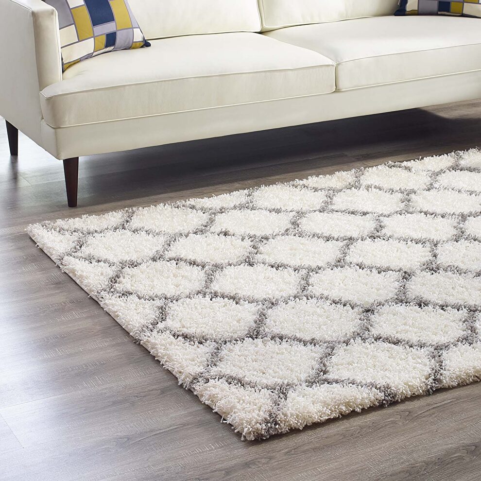 Moroccan trellis shag area rug in ivory and gray by Modway