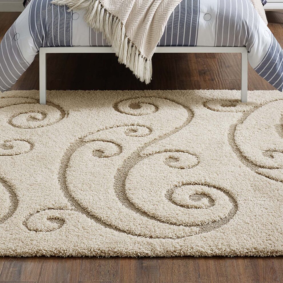 Sprout scrolling vine shag area rug in creame and beige by Modway