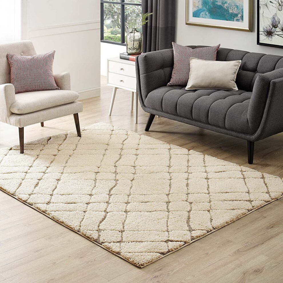 Verona abstract geometric shag area rug in creame and beige by Modway