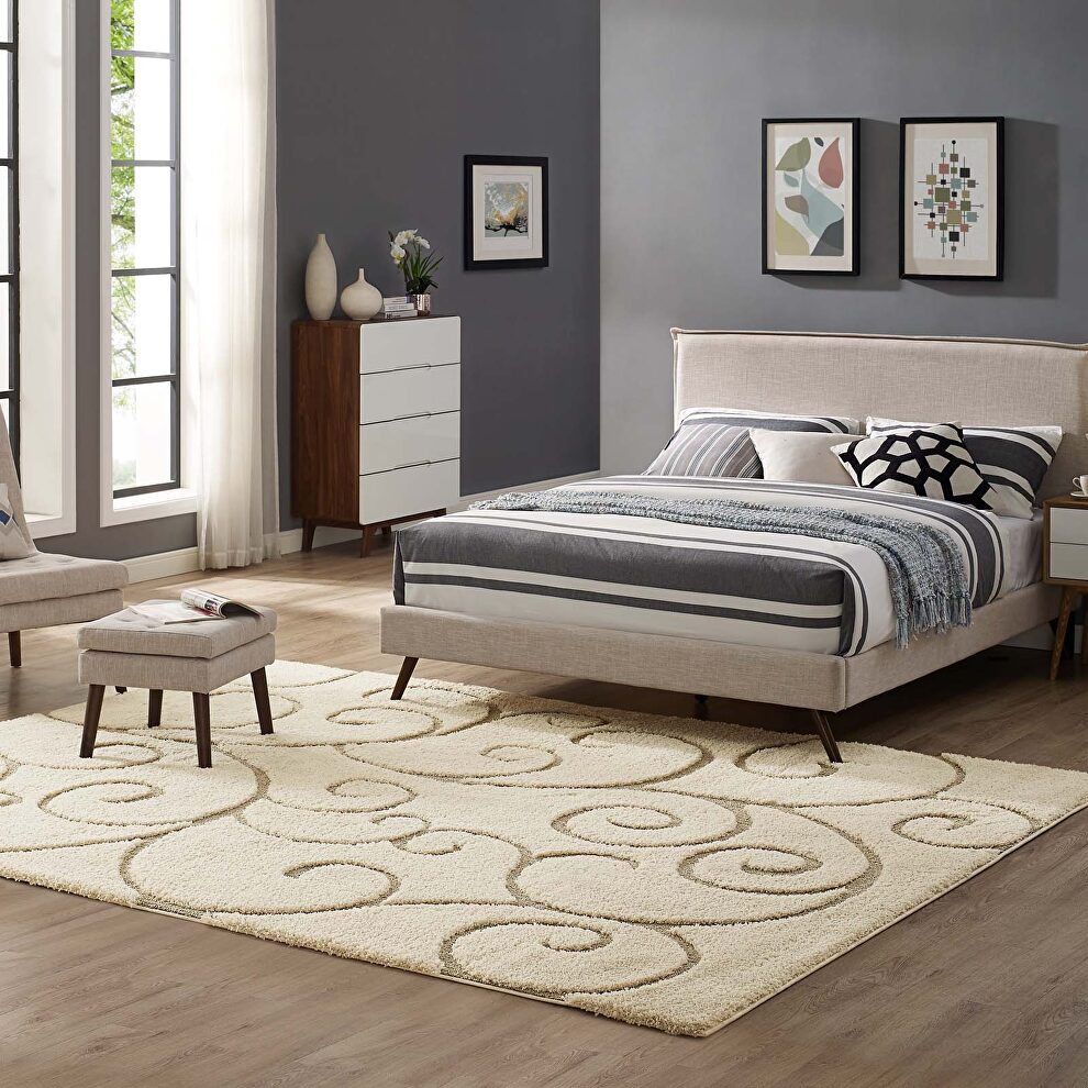 Burgeon scrolling vine shag area rug in creame and beige by Modway