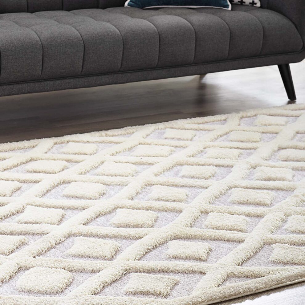 Morsel abstract diamond lattice shag area rug in ivory and light gray by Modway