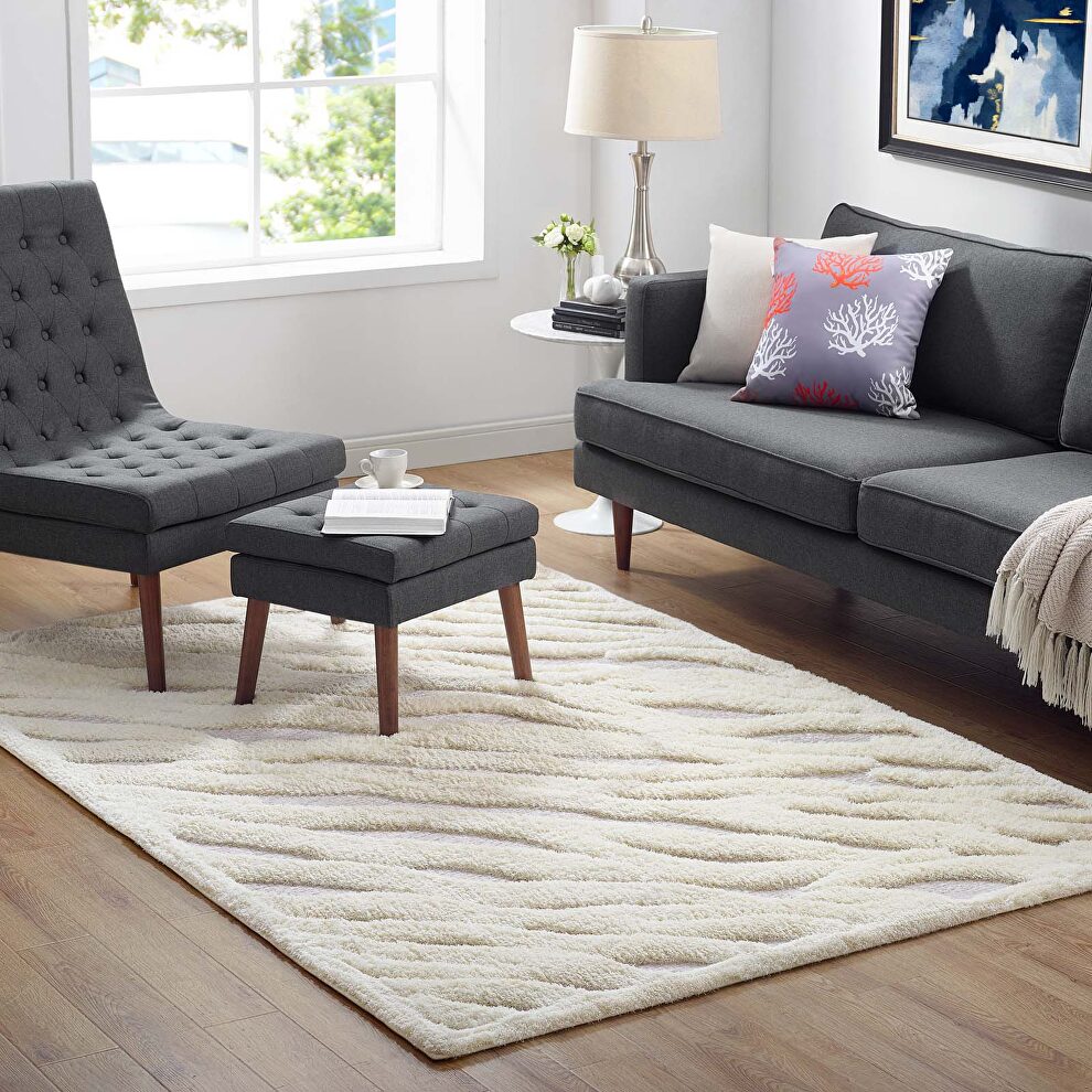 Current abstract wavy striped shag area rug in ivory and light gray by Modway