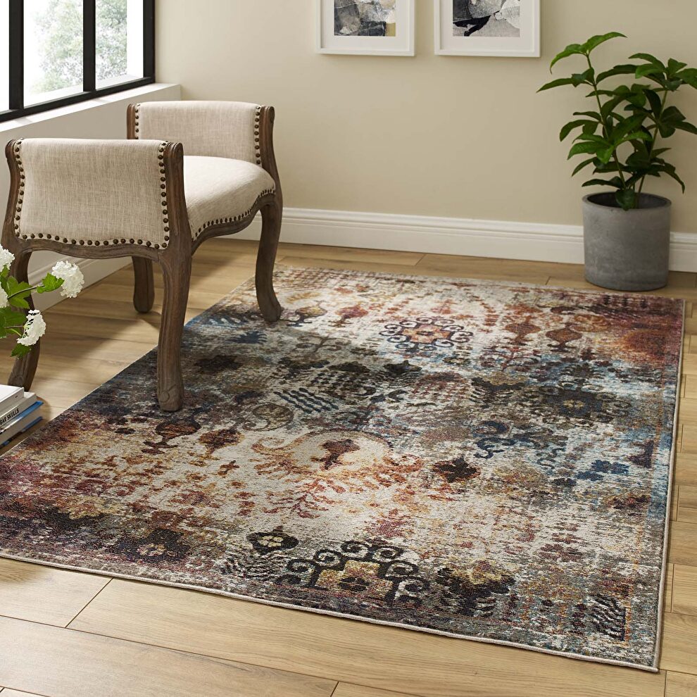 Transitional multicolored distressed vintage floral moroccan trellis area rug by Modway