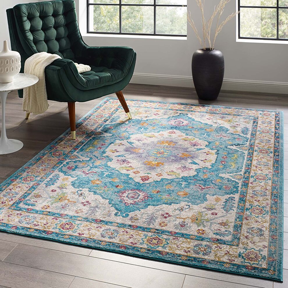 Light blue, ivory, yellow and orange distressed floral persian medallion area rug by Modway