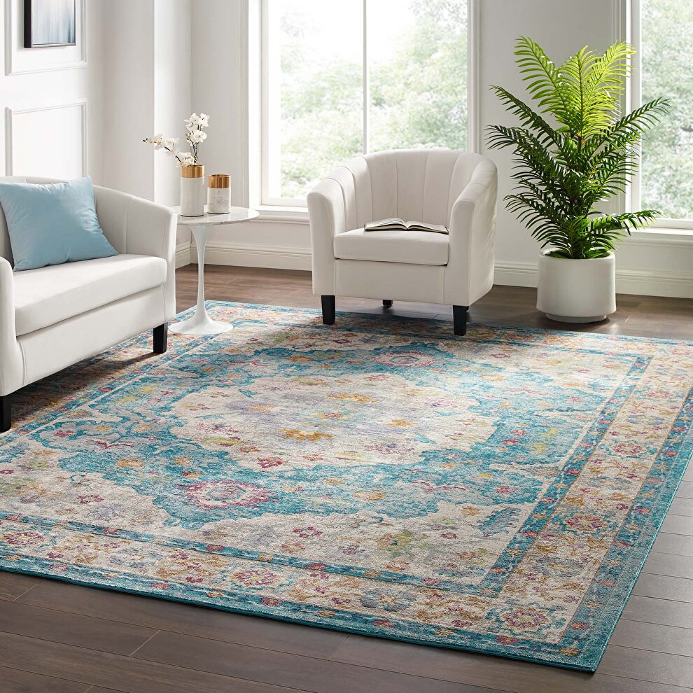 Distressed floral persian medallion area rug in light blue/ ivory/ yellow/ orange by Modway