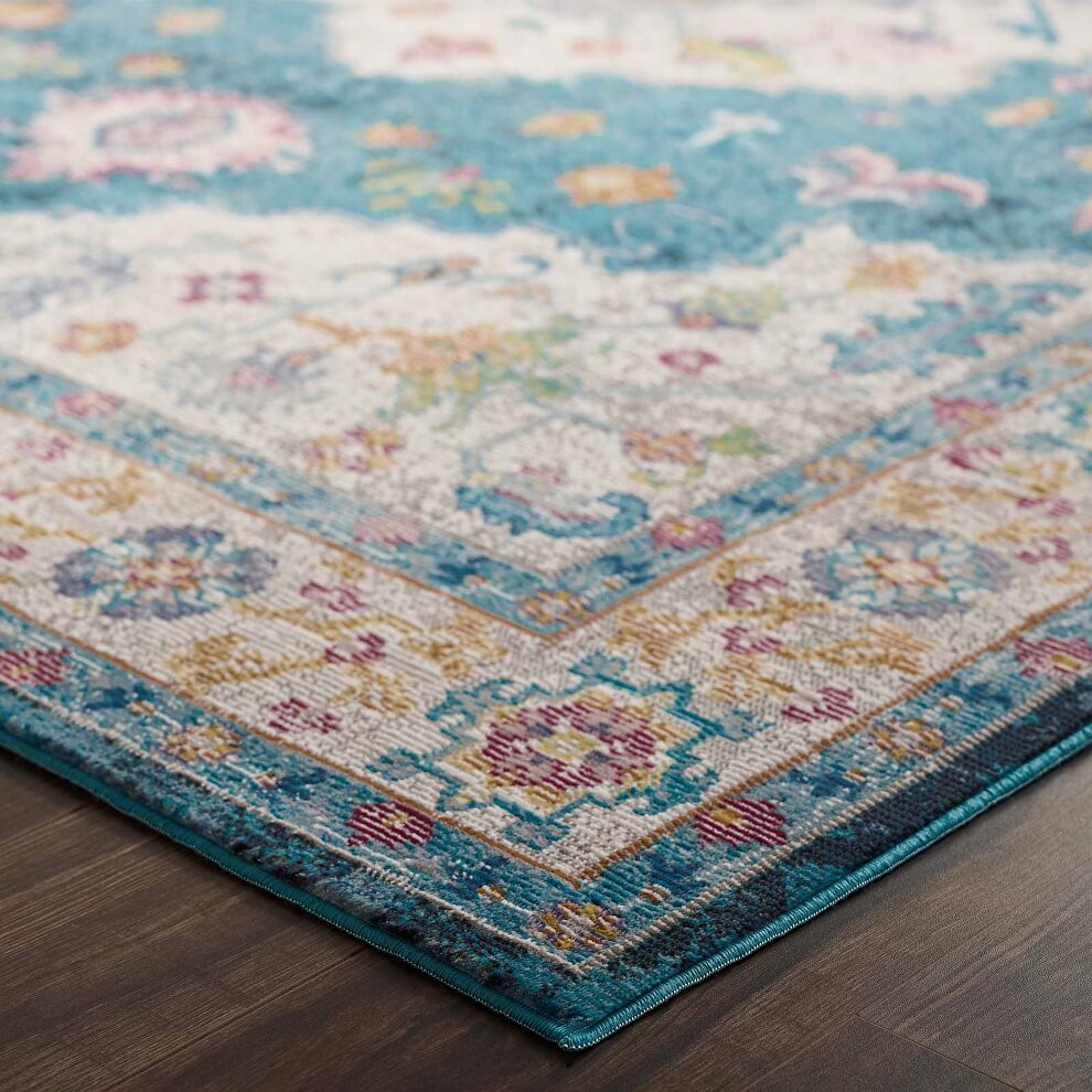 Distressed floral persian medallion area rug in blue, ivory, yellow and orange by Modway