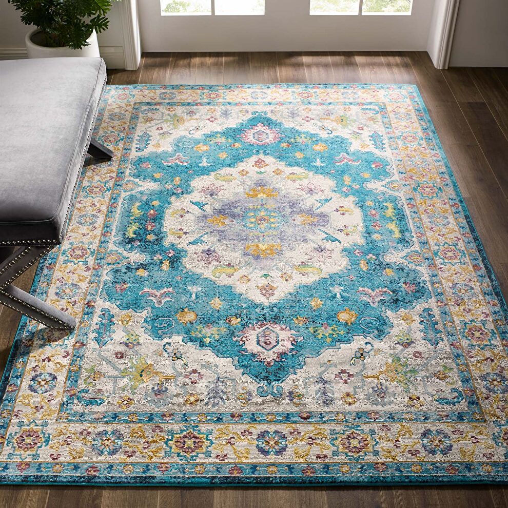 Blue, ivory, yellow and orange distressed floral persian medallion area rug by Modway