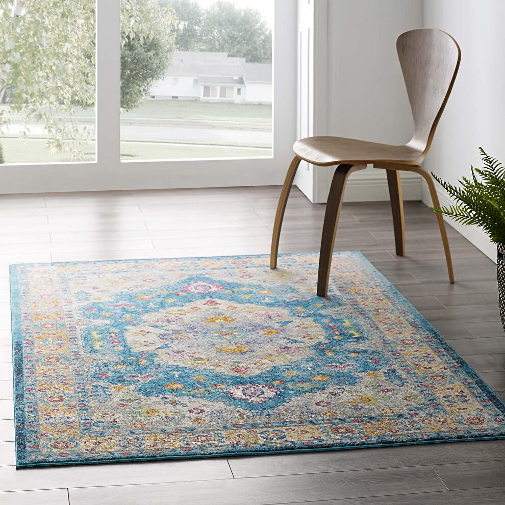 Distressed floral persian medallion area rug in blue/ ivory/ yellow/ orange by Modway