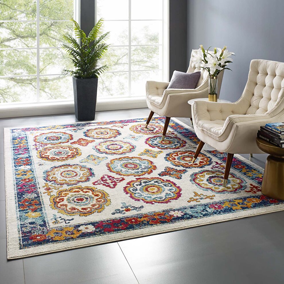 Ivory, blue, red, orange and yellow distressed floral moroccan trellis area rug by Modway