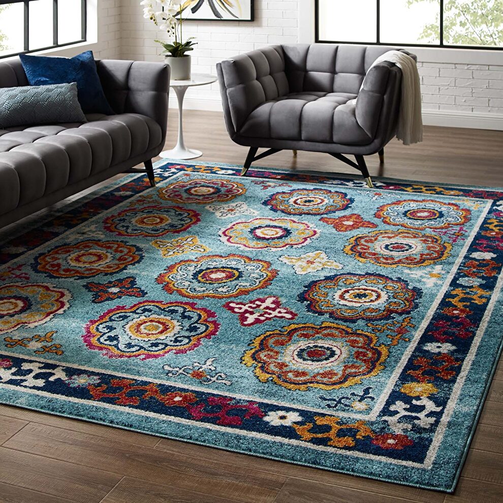 Blue, red, orange and yellow distressed floral moroccan trellis area rug by Modway