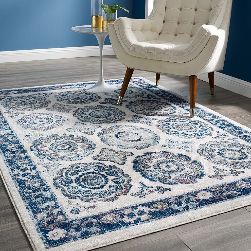 Distressed floral moroccan trellis area rug in ivory and blue by Modway