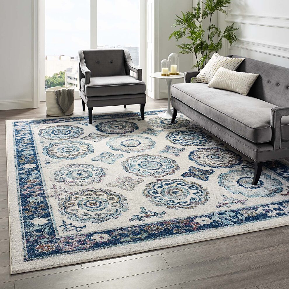 Ivory and blue distressed floral moroccan trellis area rug by Modway