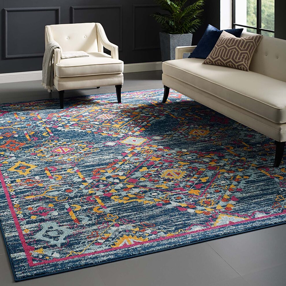 Blue, orange, yellow, red distressed floral lattice area rug by Modway