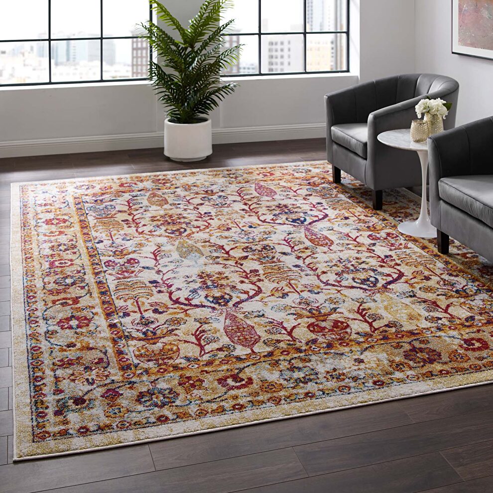 Ivory, blue, orange, yellow and red distressed vintage floral lattice area rug by Modway