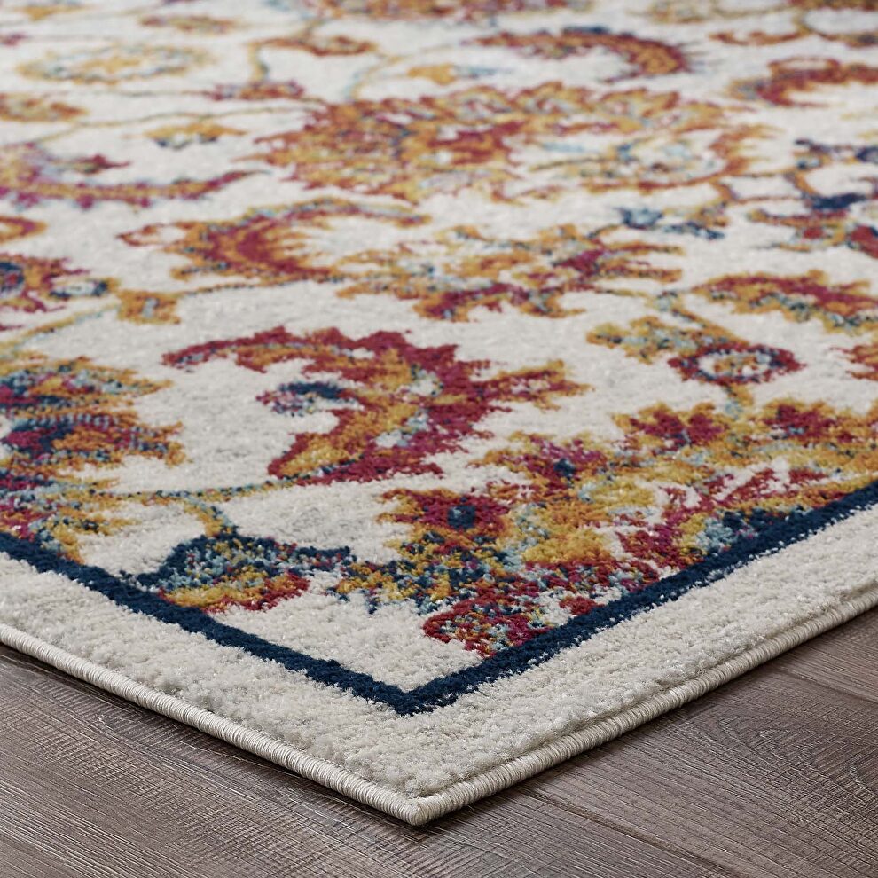 Distressed vintage floral design lattice area rug in ivory, blue, orange, yellow and red by Modway