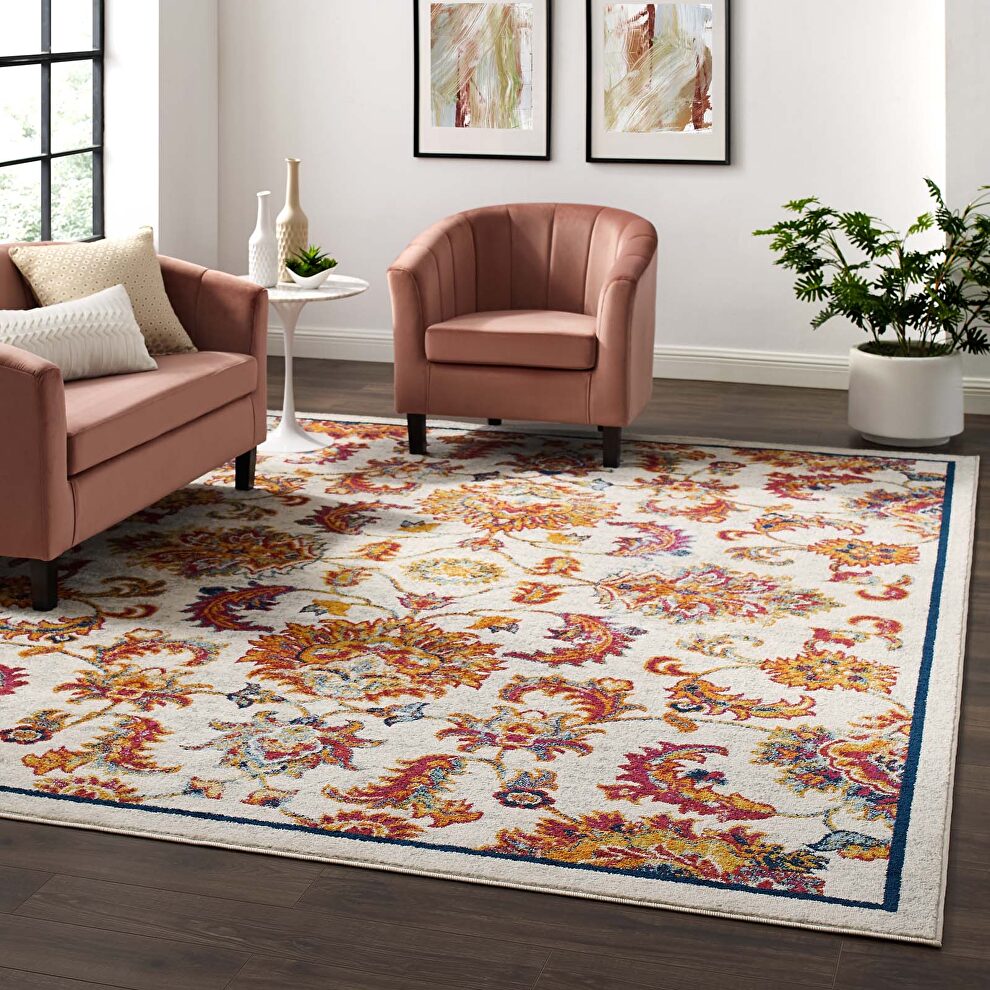 Ivory, blue, orange, yellow and red distressed vintage floral design lattice area rug by Modway