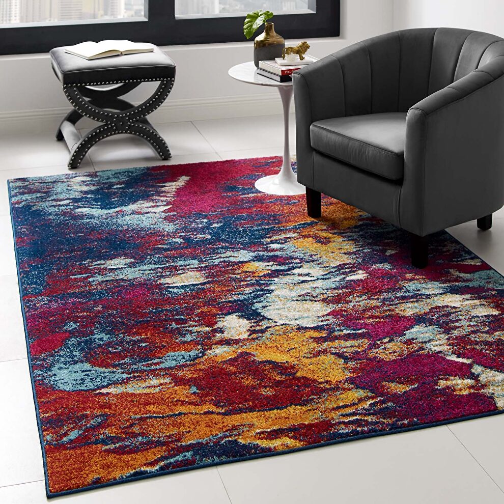 Contemporary modern abstract area rug in blue, orange, yellow and red by Modway