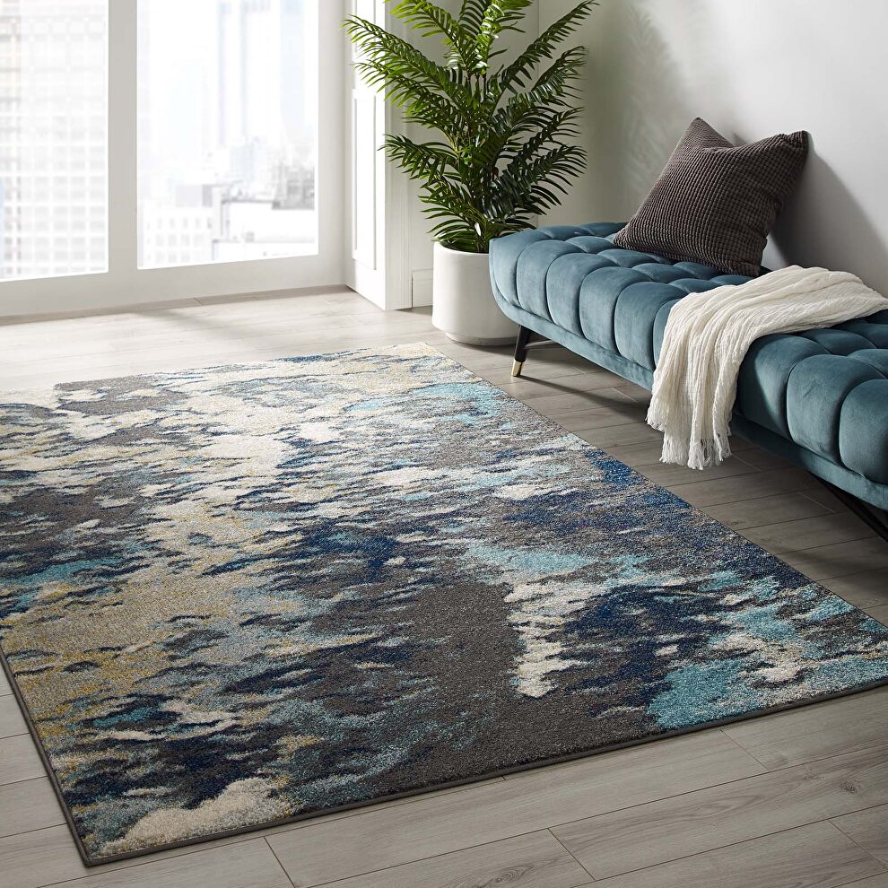 Contemporary modern abstract area rug in blue, tan and gray by Modway
