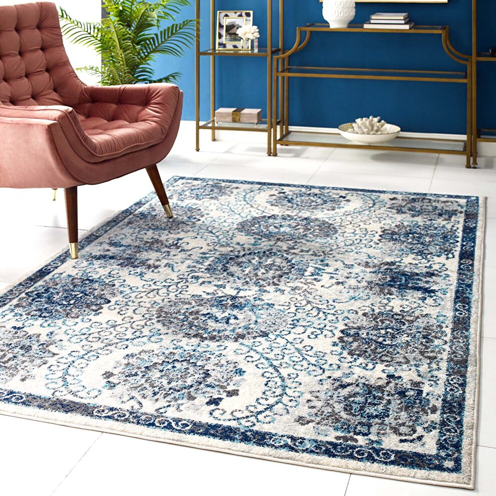 Ivory and blue finish distressed floral moroccan trellis area rug by Modway