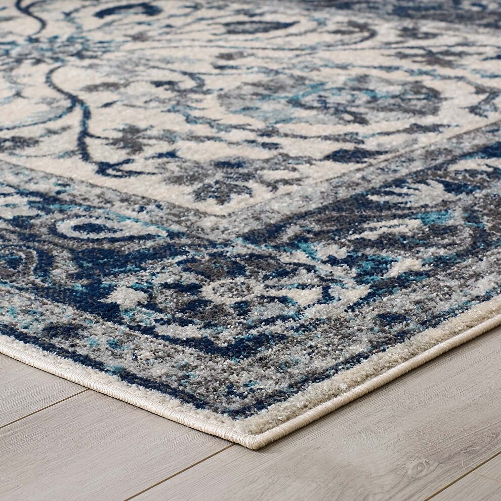 Distressed vintage floral persian medallion area rug in ivory and blue by Modway