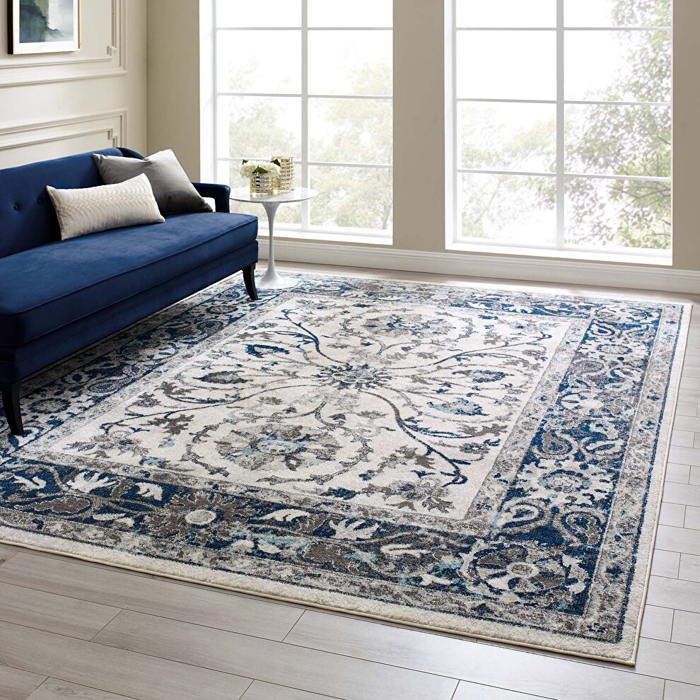Ivory and blue distressed vintage floral persian medallion area rug by Modway
