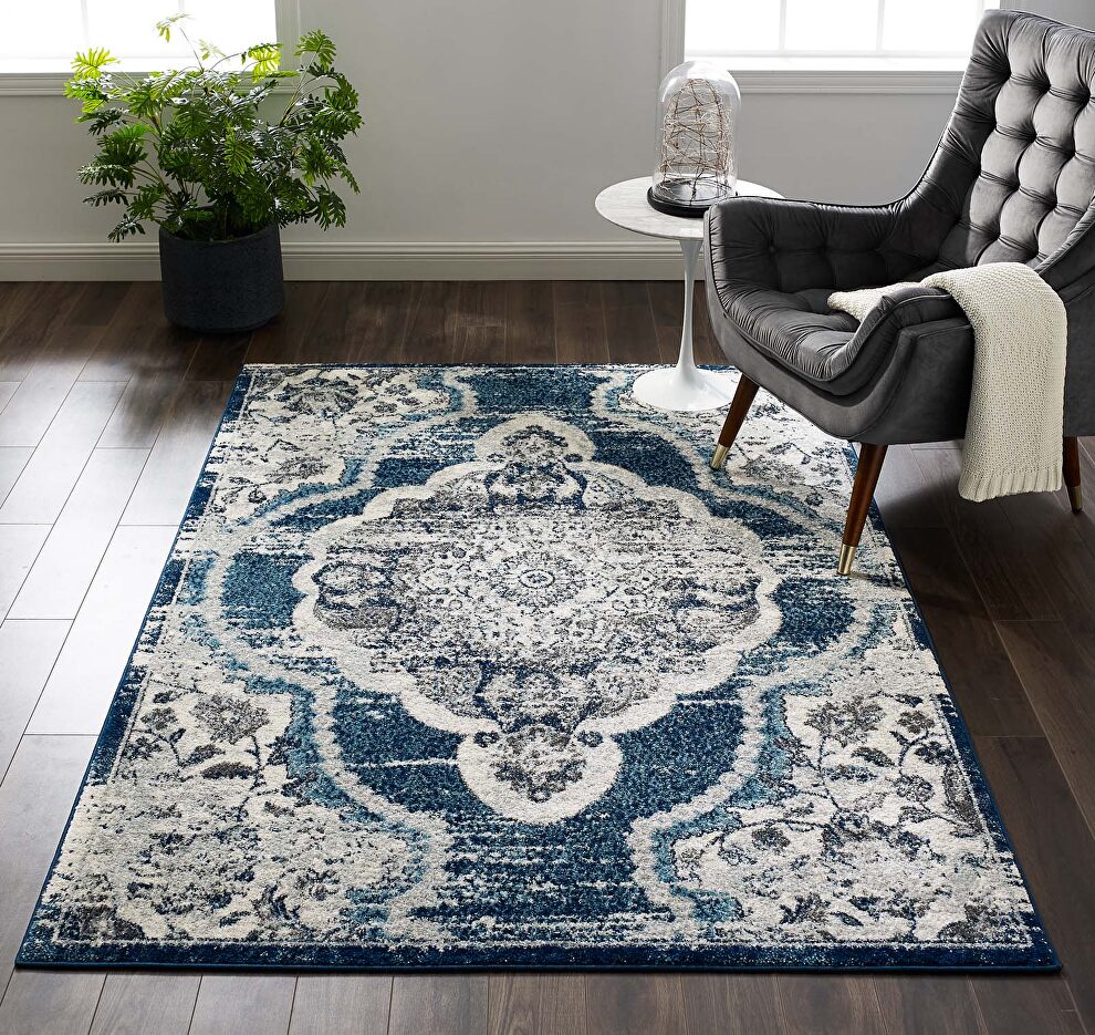 Distressed vintage floral persian medallion area rug in ivory/ blue by Modway