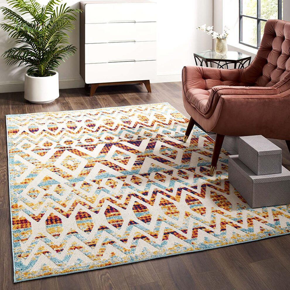 Multicolor diamond and chevron moroccan trellis indoor/ outdoor area rug by Modway
