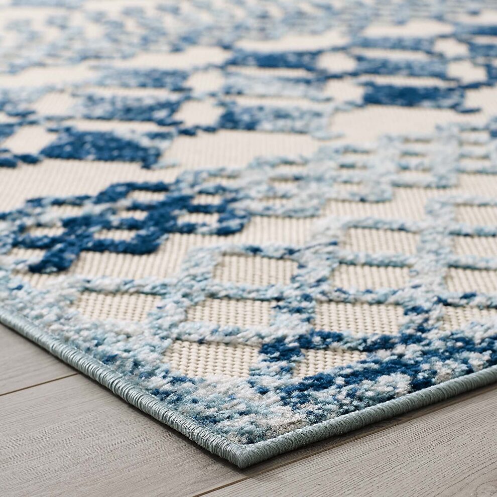 Ivory/ blue abstract diamond moroccan trellis indoor/outdoor area rug by Modway