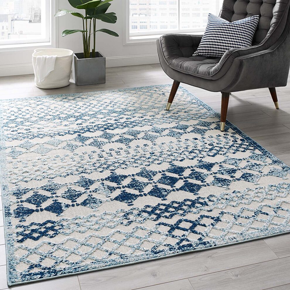 Ivory and blue abstract diamond moroccan trellis indoor/outdoor area rug by Modway