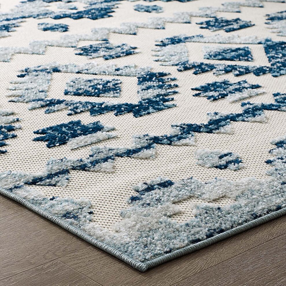 Ivory/ blue abstract diamond moroccan trellis indoor and outdoor area rug by Modway