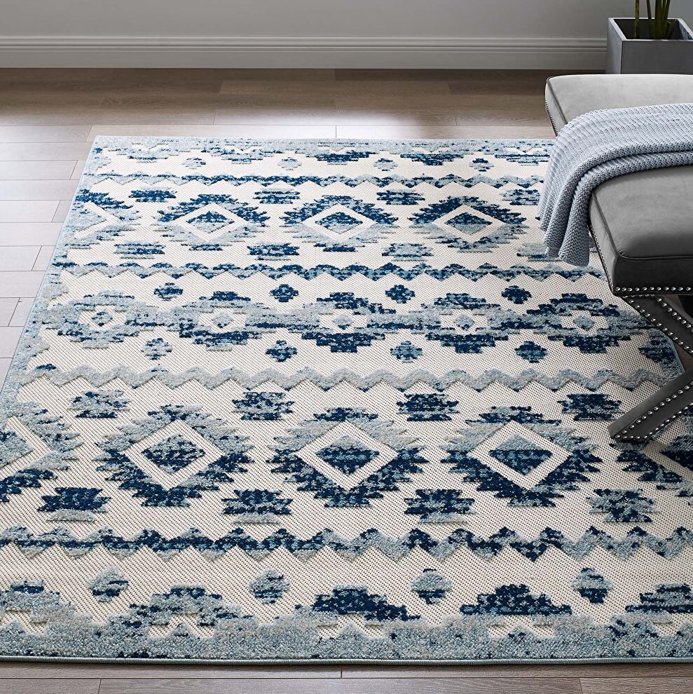Ivory and blue abstract diamond moroccan trellis indoor and outdoor area rug by Modway
