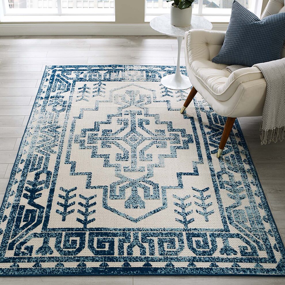 Ivory/ blue distressed geometric southwestern aztec indoor/outdoor area rug by Modway