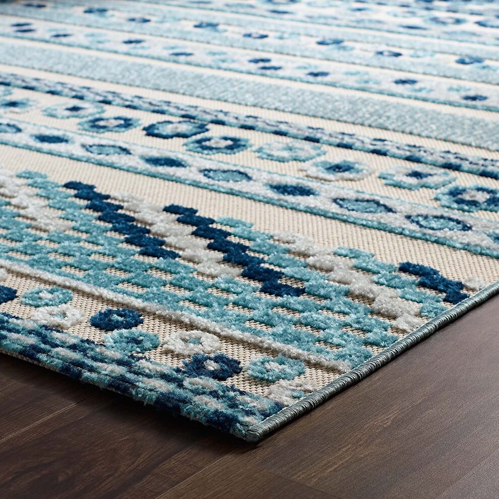 Ivory and blue vintage abstract geometric lattice indoor and outdoor area rug by Modway