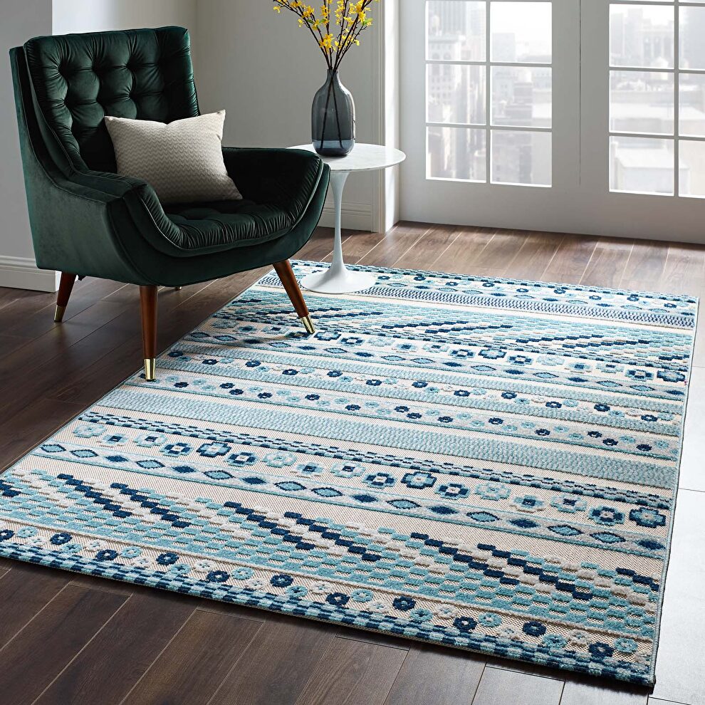 Ivory/ blue vintage abstract geometric lattice indoor and outdoor area rug by Modway