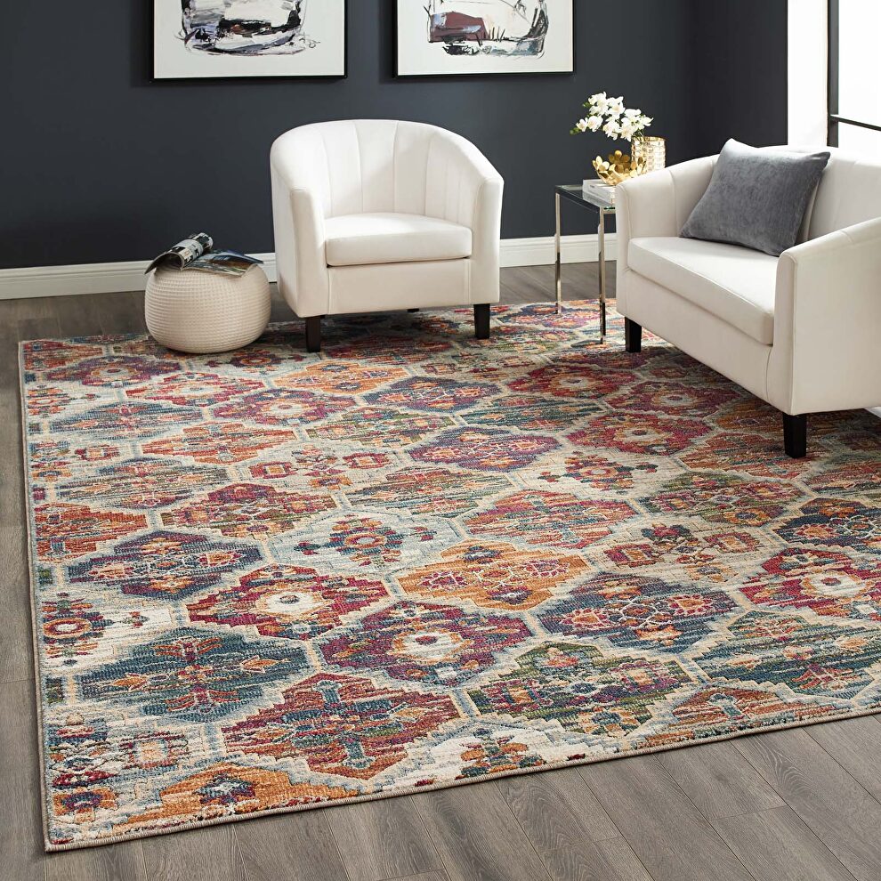 Multicolored distressed finish vintage floral lattice area rug by Modway