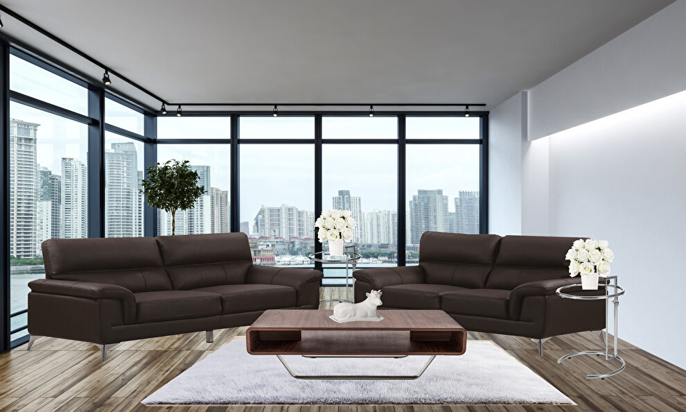 Brown leather sofa + loveseat set in contemporary style by New Spec