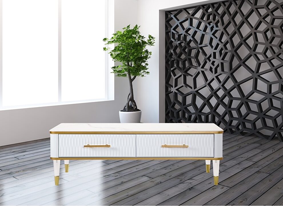 White / gold plated elegant glam style coffee table by New Spec