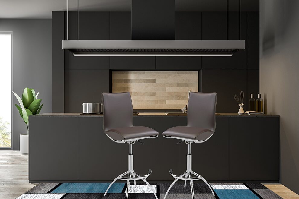 Contemporary pair of brown leatherette bar stools by New Spec