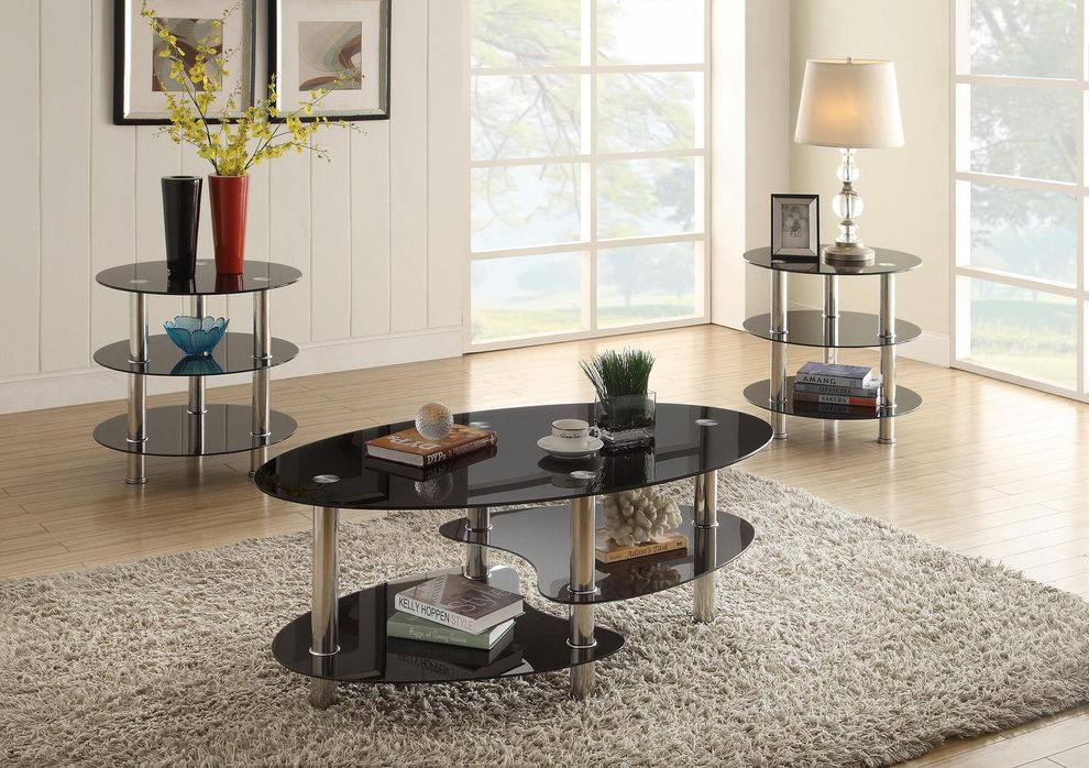 3pcs black glass / chrome coffee table set by Poundex