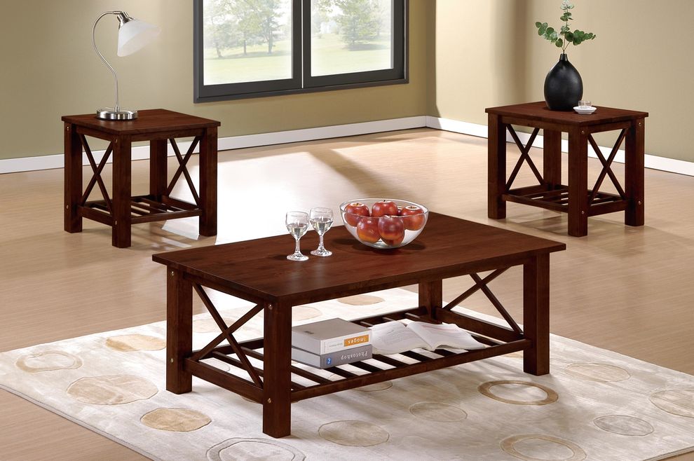 3pcs casual style coffee table set in mahogany finish by Poundex