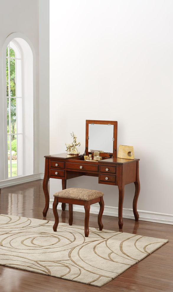 Modern stylish vanity set w/ stool in cherry by Poundex