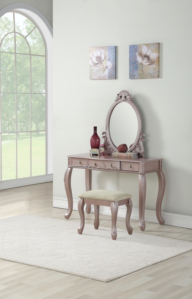 Rose gold vanity w/ stool set in classical style by Poundex