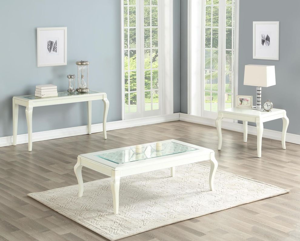 Ivory white coffee table w/ glass inlay by Poundex