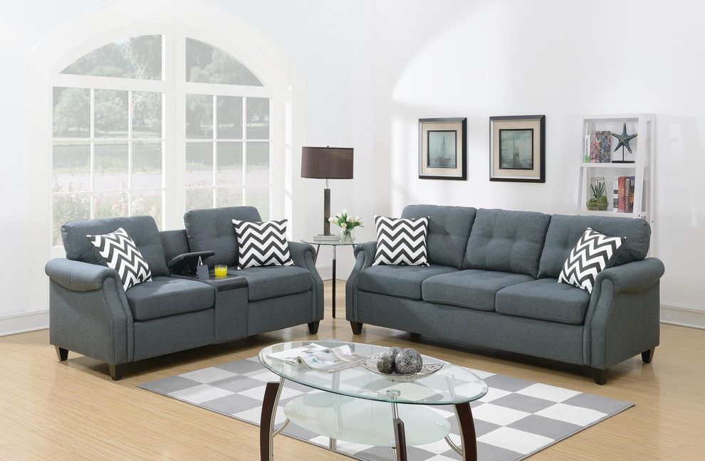 2pcs linen-like blue gray fabric sofa and loveseat set by Poundex