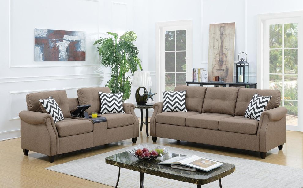 2pcs linen-like light coffee fabric sofa and loveseat set by Poundex