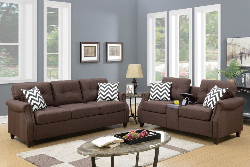 2pcs linen-like brown fabric sofa and loveseat set by Poundex